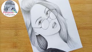 A girl with beautiful hair Pencil Sketch  How to draw a Girl with Glasses  bir kız nasıl çizilir [upl. by Iroc35]