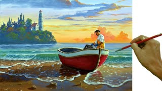 Acrylic Landscape Painting in Timelapse  Fisherman on Red Boat  JmLisondra [upl. by Namsaj]