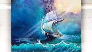 HOW TO PAINT A STORMY SEASCAPE AND SHIP  ACRYLIC PAINTING TUTORIAL [upl. by Irpak]