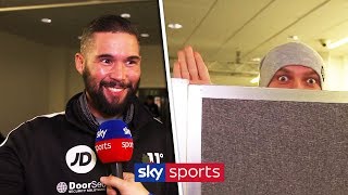 FUNNY FELLA Oleksandr Usyk spies on Tony Bellew during Sky Sports interview 😂 [upl. by Nomzzaj198]