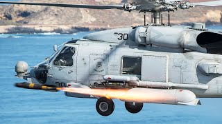 MH60 Seahawk Fires AGM114 Hellfire Missiles Training  Compilation [upl. by Yrad]