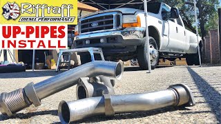 2001 F350 73  RiffRaff UpPipes Install  Stock up pipes leaking and falling apart JUNK SP [upl. by Natehc]