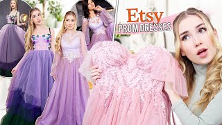 TRYING ON ETSY PROM DRESSES   most beautiful dresses ever [upl. by Miharbi]